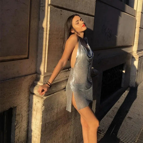 Glitter Metal Sequins Mini Dress Women Sexy Deep V Neck Backless Side Split Dress Rave Festival Nightclub Party Evening Dresses