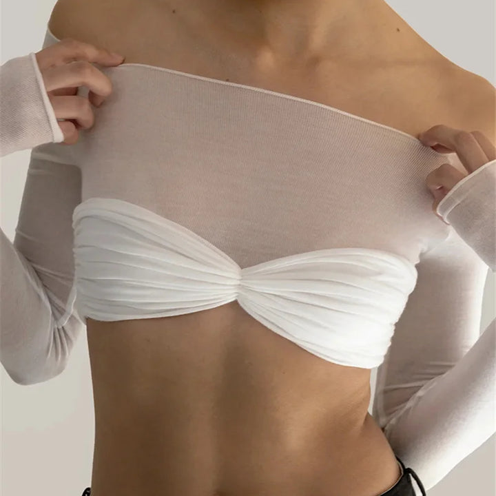 Mozision See Through Mesh Crop Top Women Pullovers Strapless Short Knit Cropped Tops Ladies Tee Shirt Sexy Off-shoulder T-shirt