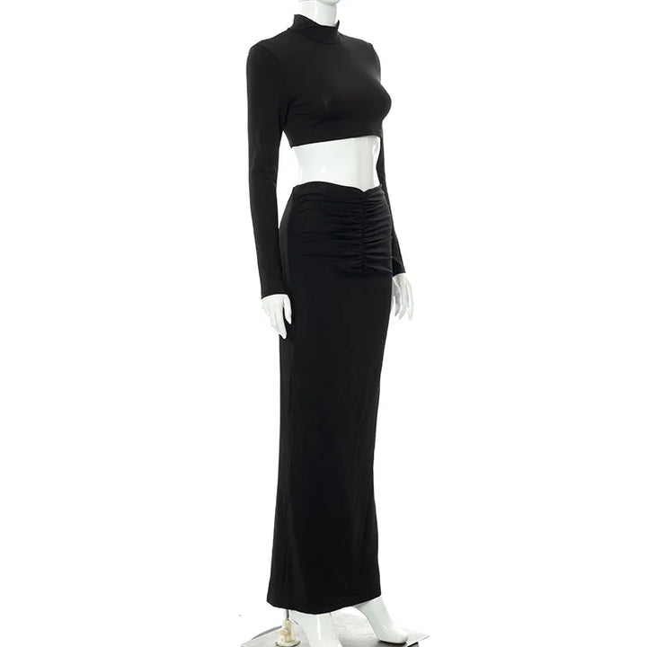 Cryptographic Elegant White Long Sleeve 2 Piece Set Outfits for Women Club Party Top and Dress Sets Long Ruched Matching Sets