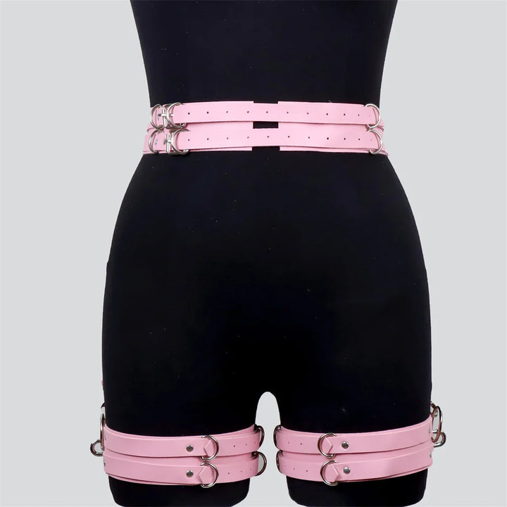 Pink Gothic Handmade PU Leather Harness Belts Fashion Faux Leather Cage Leg Waist Belt Body Strap Waist Belt Cincher Harajuku