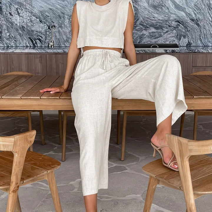 Spring Summer 2025 Women Holiday Linen Pant Set Crop Tops Solid Outfits 2 Two Piece Matching Set For Women