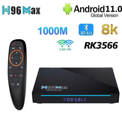 H96 MAX 3566 Android11 Smart TV Box RK3566 Quad-Core 4K 2.4G/5G WiFi BT4.0 1000M LAN 8GB 64GB Set Top Box Media Player