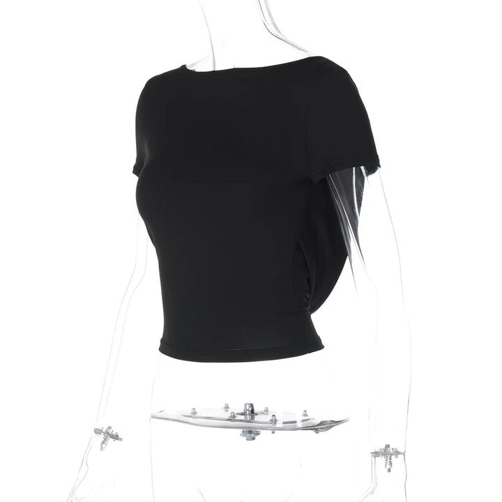 Hugcitar 2024 Spring Short Sleeve Backless Transparent Slip Sexy Slim Crop T-Shirt Top Women Fashion Clothes Vacation Nightclub
