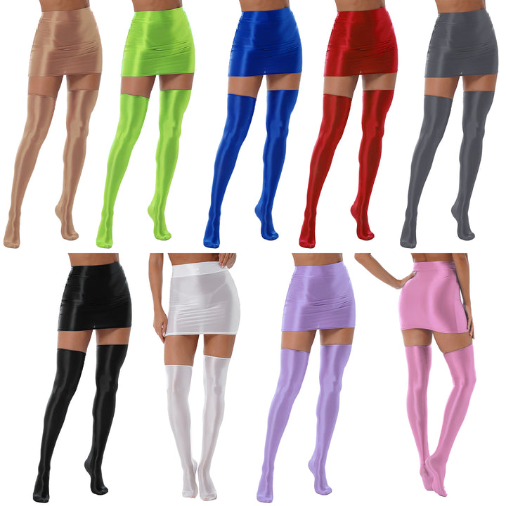 Womens Glossy Nightclub Outfit Shiny High Waist Mini Skirt with Stockings Set Rave Party Cheer Booty Workout Pole Dance Clubwear