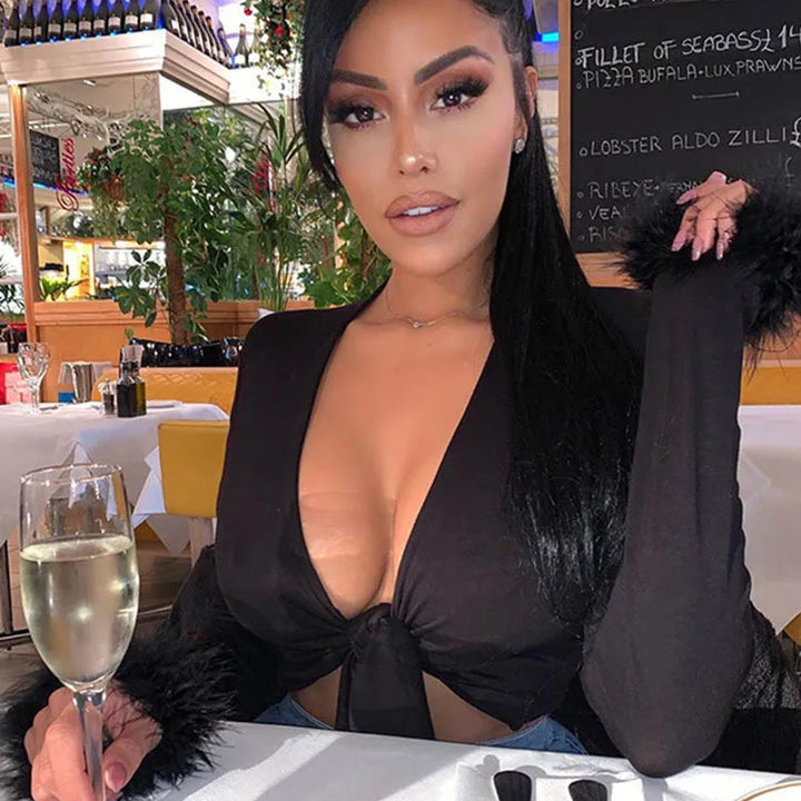 long sleeve fur V-neck wrapped bandage sexy crop tops autumn winter women streetwear club party outfits T-shirts
