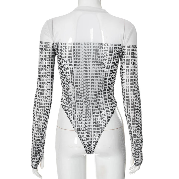 CUTENOVA Sexy See Thorugh Bodysuit Womens Long Sleeve Graphic One Pieces T-Shirt Corset Tops Autumn High Waist Mesh Jumpsuits