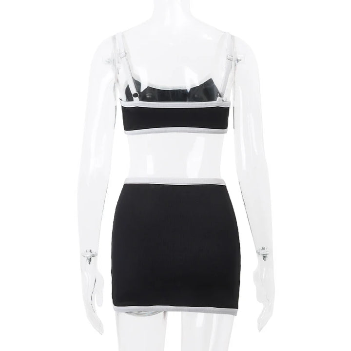 WhereMery Casual Sporting Women Outfit Simple High Streetwear Patchwork Slip Tank Top With Skinny Elastic Mini Skirt 2 Piece Set