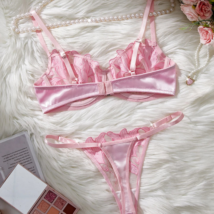 Floral Embroidery Sexy Lingerie Set Women Transparent Bralette Underwire Push Up Bra Panty 2 Piece Set