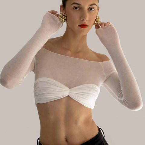 Mozision See Through Mesh Crop Top Women Pullovers Strapless Short Knit Cropped Tops Ladies Tee Shirt Sexy Off-shoulder T-shirt