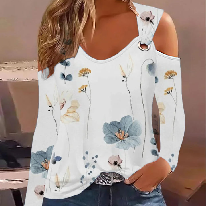 Fashion Woman Blouse 2023 Spring Denim Look Print Cold Shoulder Eyelet Casual Long Sleeve Daily T-Shirt Top Y2K Clothes