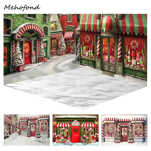 Mehofond Red Candy Shop Xmas House Photography Backdrop Snow Christmas Trees for Family Birthday Party Background Photo Studio