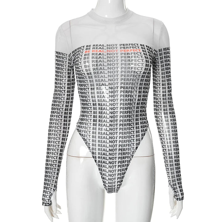 CUTENOVA Sexy See Thorugh Bodysuit Womens Long Sleeve Graphic One Pieces T-Shirt Corset Tops Autumn High Waist Mesh Jumpsuits