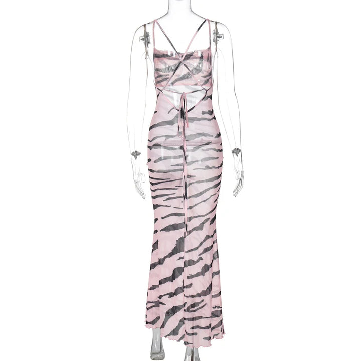 DGLUKE Zebra Long Beach Dress Cover-Up Sexy Transparent Mesh Maxi Dress Cut Out Bodycon Summer Holiday Vacation Dress Women 2024