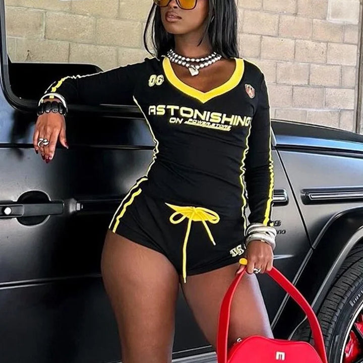 Nibber Women Tracksuit 2 Piece Set Stroke Tight Hipster Letter Print Sporty Casual Crop Tops+Shorts Vitality Matching Outfits