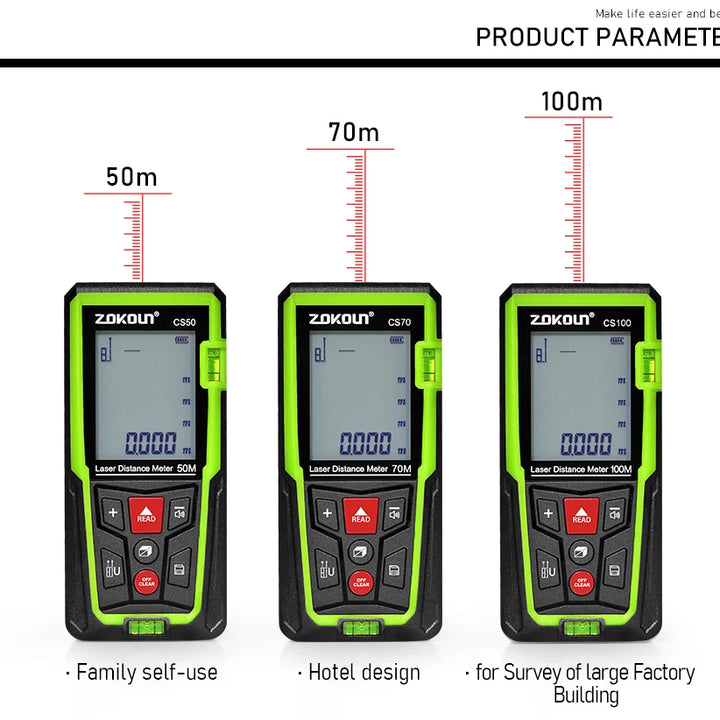 Zokoun shockproof 50/70/100m laser distance meter electronic ruler laser tape Area Volume Pythagorean digital rangefinder