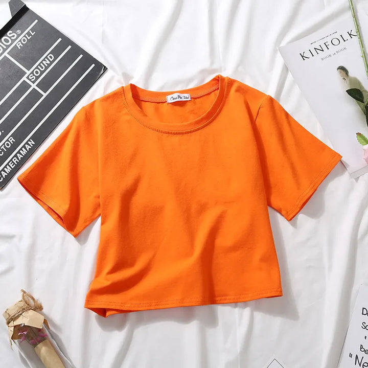 2024 Summer Short Sleeve T Shirts Women Cotton Solid T-shirt O Neck High Waist Crop Top Tee Female Casual Loose T Shirt