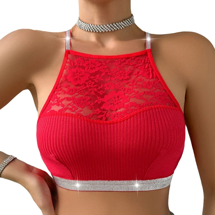 Lace Stitching Halter Neck Vest For Women Silver Ribbon Backless Underwear Outer Wear Slim Sexy Versatile Comfortable