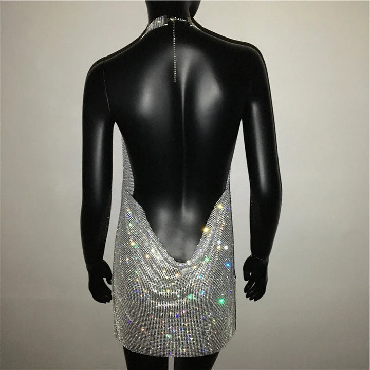 Bling Rhinestone Backless Dress Sexy Deep V Neck Sleeveless Side Split Halter Dress Nightclub Party Evening Dresses