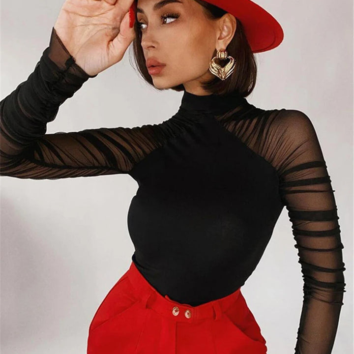 Shestyle Mesh Full Sleeve Mock Neck Body for Women Black Patchwork Stretchy Elegant Romantic Breathable Bodysuits Basic Tops