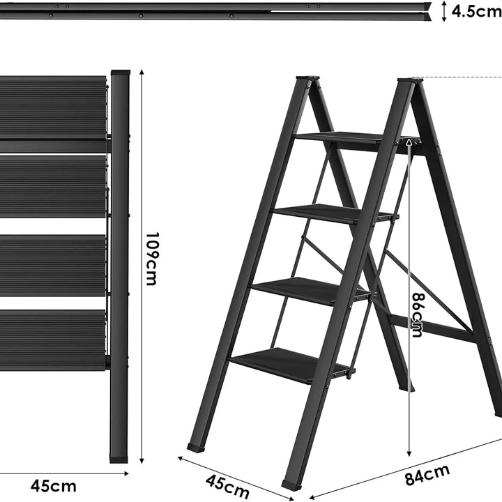 Aluminium 3-4 Step Ladder with Wide Steps Lightweight Folding Ladder Portable Slim Step Stool Safety Household Ladder Stepladder