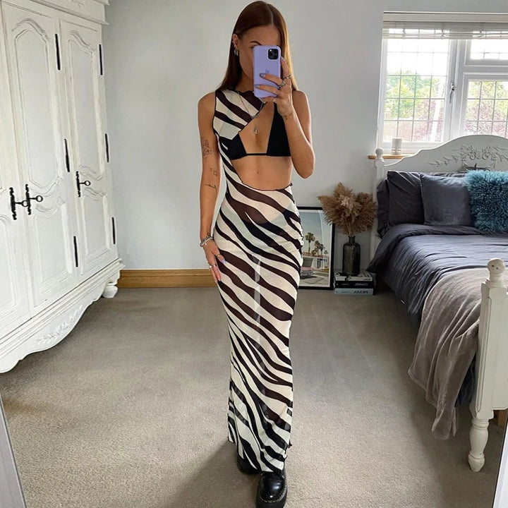 DGLUKE Zebra Long Beach Dress Cover-Up Sexy Transparent Mesh Maxi Dress Cut Out Bodycon Summer Holiday Vacation Dress Women 2024