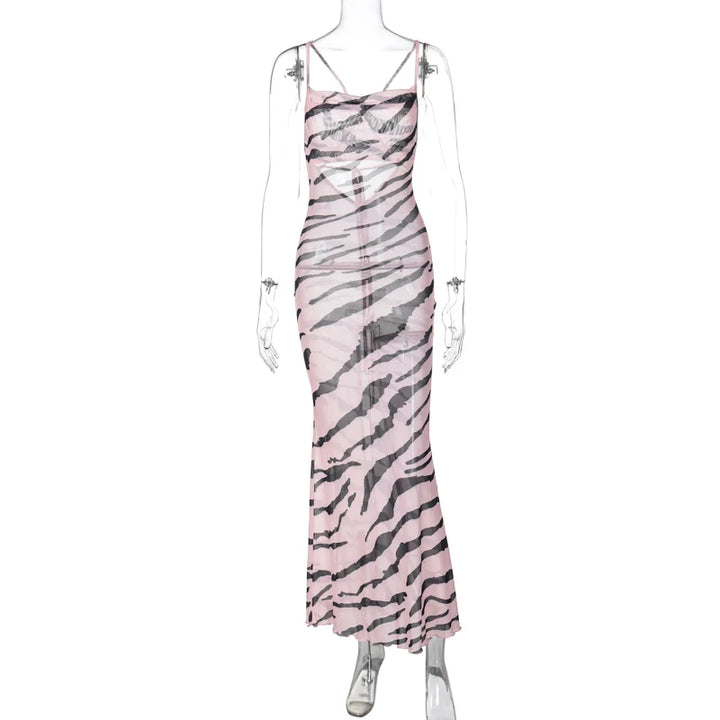 DGLUKE Zebra Long Beach Dress Cover-Up Sexy Transparent Mesh Maxi Dress Cut Out Bodycon Summer Holiday Vacation Dress Women 2024
