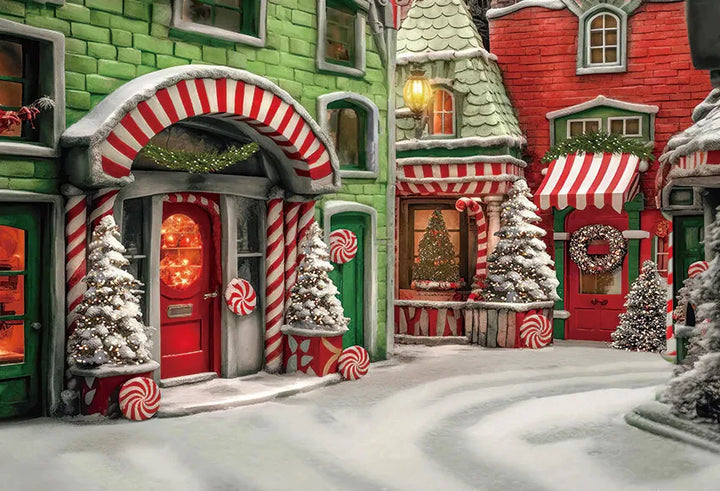 Mehofond Red Candy Shop Xmas House Photography Backdrop Snow Christmas Trees for Family Birthday Party Background Photo Studio