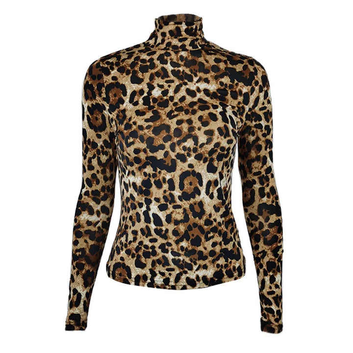 Women Long-sleeved Leopard Print Crops Tops INS New Fashion Casual Slim T-shirts Ladies Turtleneck Pullover Ice Silk Top Tees