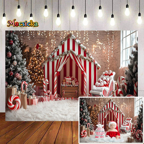 Candy Cane Tent Background for Christmas Photography Xmas Tree Glitter Lights Snow Backdrop Decor Kids Baby Show Winter Photo