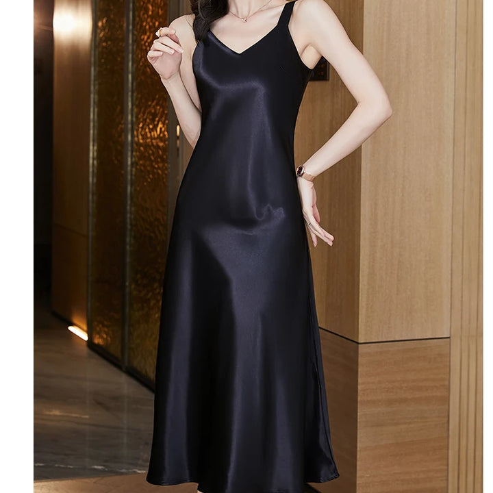 #4938 Sleeveless Spaghetti Straps Midi Satin Dress Women Solid Color V-neck Sexy A-line Party Dresses Women Evening Summer 2024