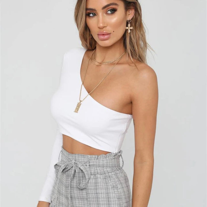 CDJLFH Sexy One Shoulder Crop Top T Shirt Women Diagonal Collar Long Sleeve Tshirt Casual Basic White Slim Fit Bodycon Tees Tops