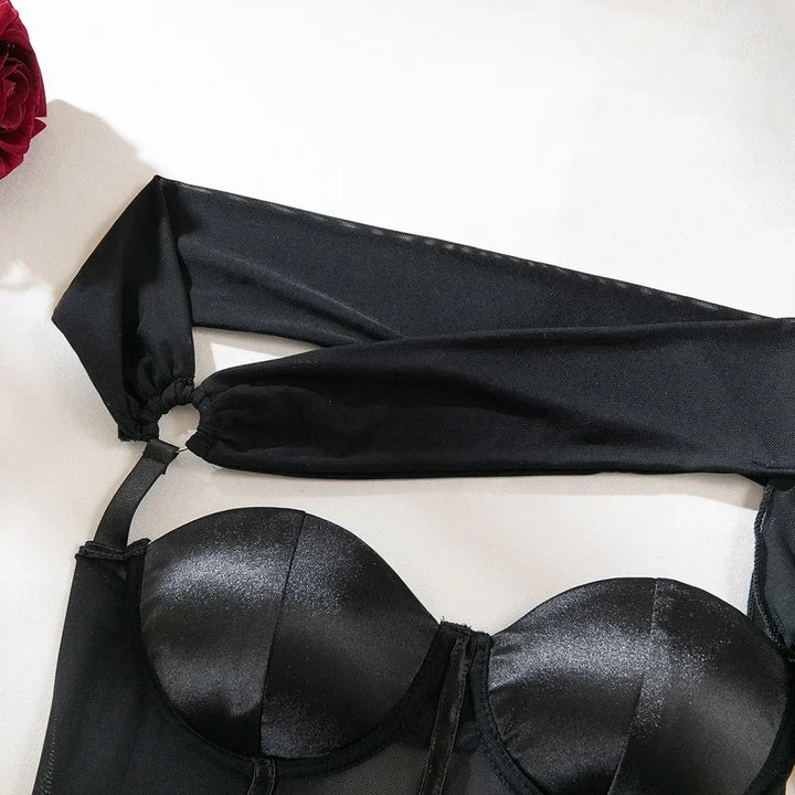 Lady Sexy Single Shoulder Sleeve Shapewear Chest Gathered Cotton Splicing Mesh Underwear Women's Black Hollow Backless Jumpsuit