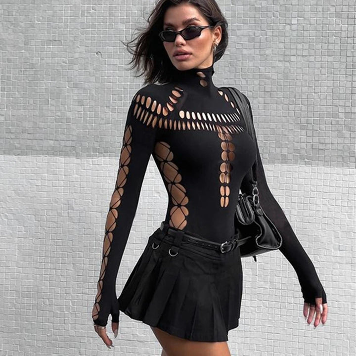 Candyhot Sexy Hollow Out High Collar Bodysuit Bodycon Y2K Long Sleeves Fashion T Shirts Women Gothic Punk Streetwear Bodysuits