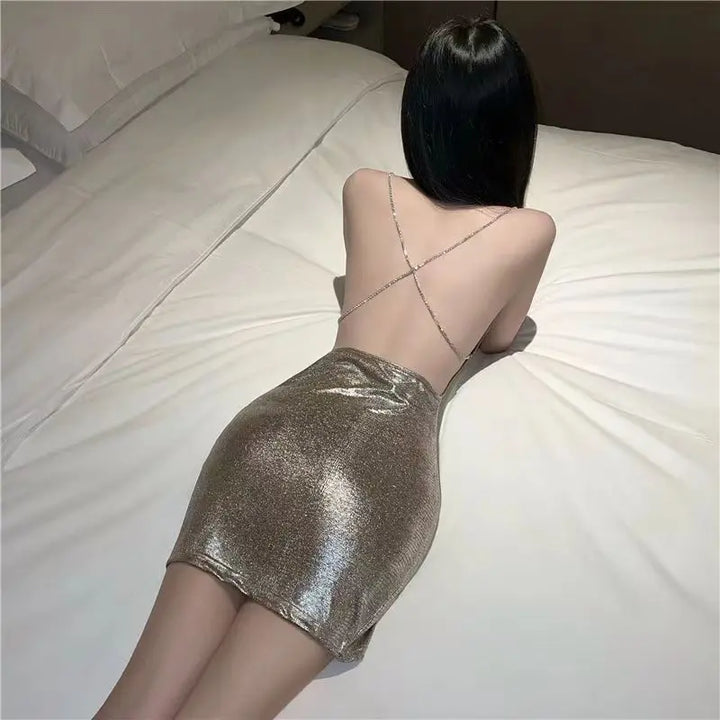 2024 Summer Clothes Bling Glitter Women Halter Mini Dress Side Slit Backless Bodycon Sexy Streetwear Party Club Festival Vestido