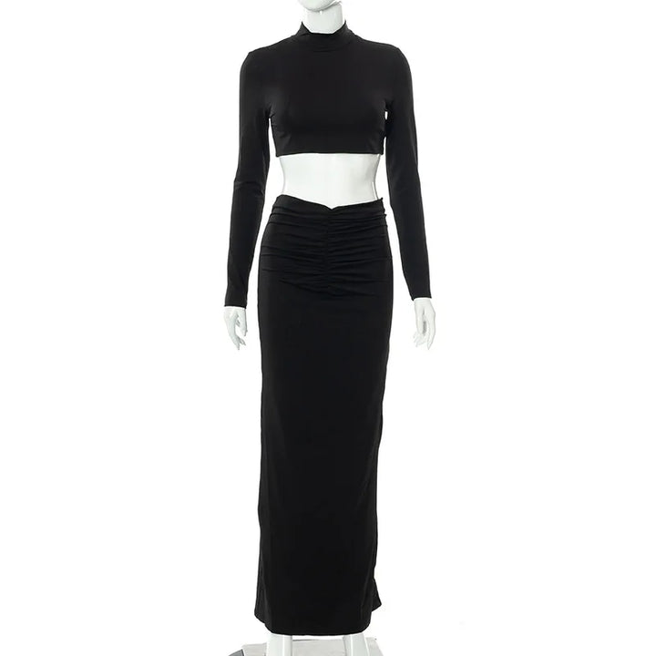 Cryptographic Elegant White Long Sleeve 2 Piece Set Outfits for Women Club Party Top and Dress Sets Long Ruched Matching Sets
