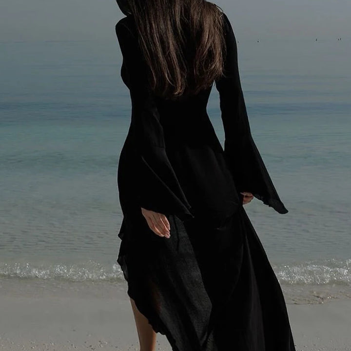 OIINAA Ruffle Bikini Cover-Ups Women Beach Cover Up Elegant Long Sleeve Lace Up Summer Solid Fashion Female Holiday Beachwear