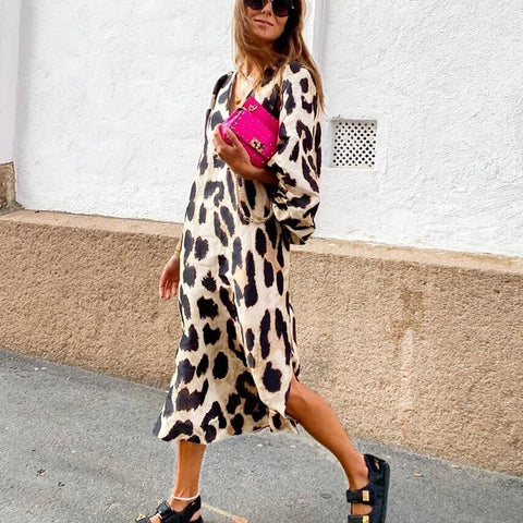 Dress Women Autumn New Printed Lantern Sleeve V-neck Sexy Vestidos Fashion Casual Beach Vacation Bohemian Ladies Dresses MsChuh