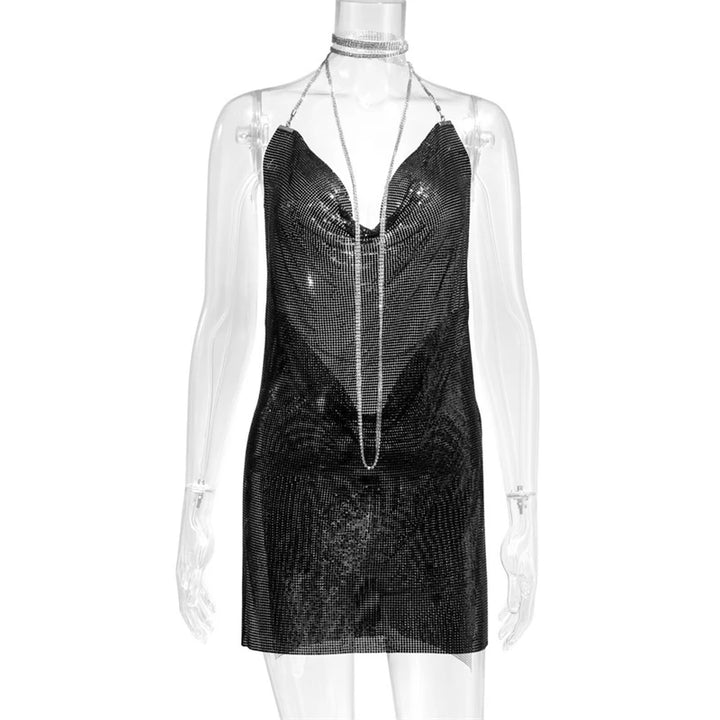 Sexy Silver Sequin Mini Dress For Women Sleeveless Metal Body Chain Party Dress 2024 Women Backless Split Evening Y2K Vestidos