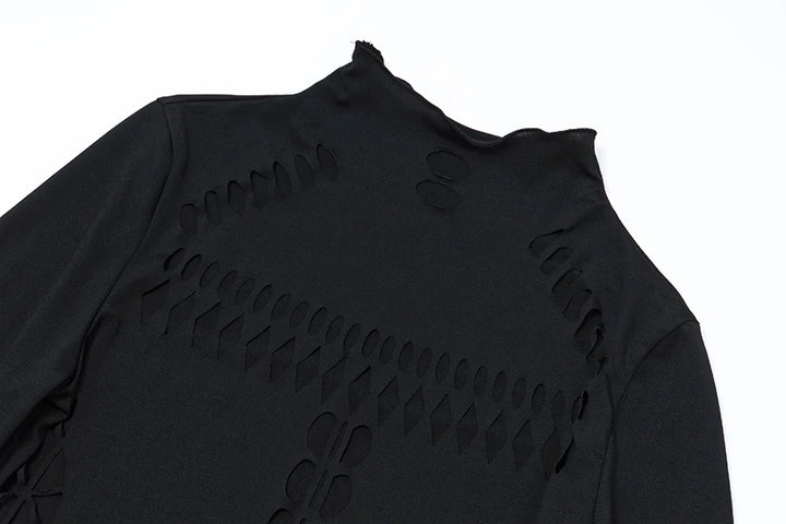 Candyhot Sexy Hollow Out High Collar Bodysuit Bodycon Y2K Long Sleeves Fashion T Shirts Women Gothic Punk Streetwear Bodysuits