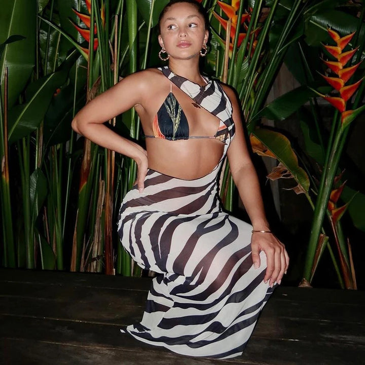 DGLUKE Zebra Long Beach Dress Cover-Up Sexy Transparent Mesh Maxi Dress Cut Out Bodycon Summer Holiday Vacation Dress Women 2024