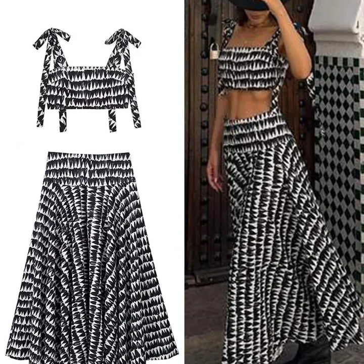 TRAFZA Women Fashion Print Sets Sexy Backless Sleeveless Slim Corset Lace Up Crop Top Female Elegant A-line Pleated Midi Skirts