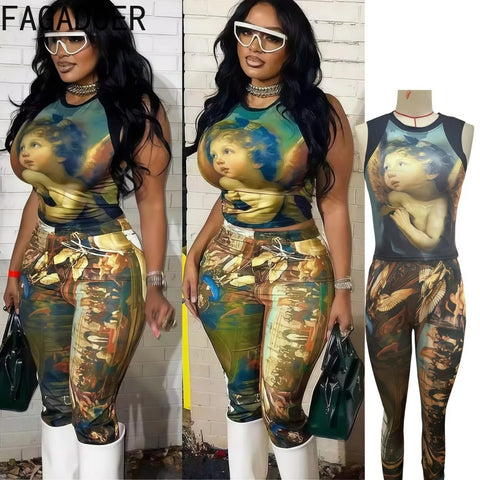 FAGADOER Fashion Print 2 Piece Sets Woman Outfit Oil Painting Sleeveless Crop Top and Pants Female Streetwear Summer Spring New