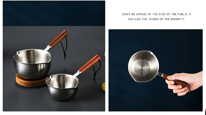 Stainless Steel Oil Pot with Wooden Handle 120ml/200ml Spilled Mini Soup Milk Pot Scalding-proof Kitchen Tool Cook Accessories
