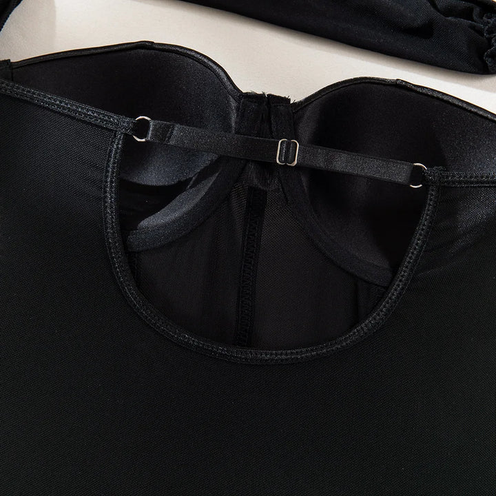 Lady Sexy Single Shoulder Sleeve Shapewear Chest Gathered Cotton Splicing Mesh Underwear Women's Black Hollow Backless Jumpsuit