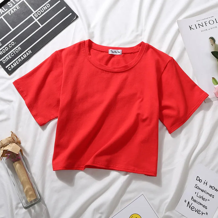 2024 Summer Short Sleeve T Shirts Women Cotton Solid T-shirt O Neck High Waist Crop Top Tee Female Casual Loose T Shirt