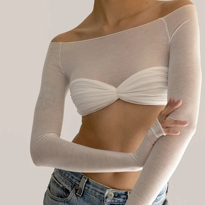 Mozision See Through Mesh Crop Top Women Pullovers Strapless Short Knit Cropped Tops Ladies Tee Shirt Sexy Off-shoulder T-shirt