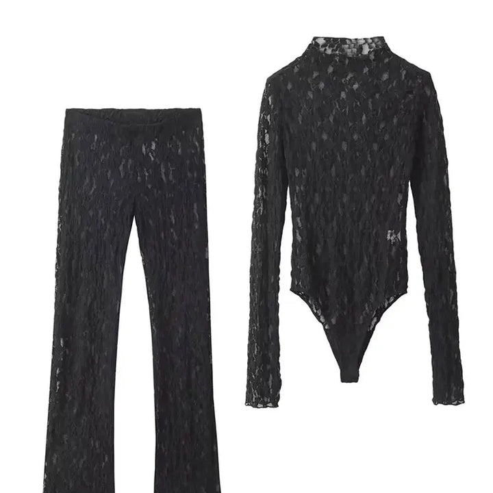 TRAFZA Womens Lace Pants Sets Slim Jumpsuits Top + High Waist Trousers Sexy Lady Floral Lace Translucent Y2k Bodysuit Suits