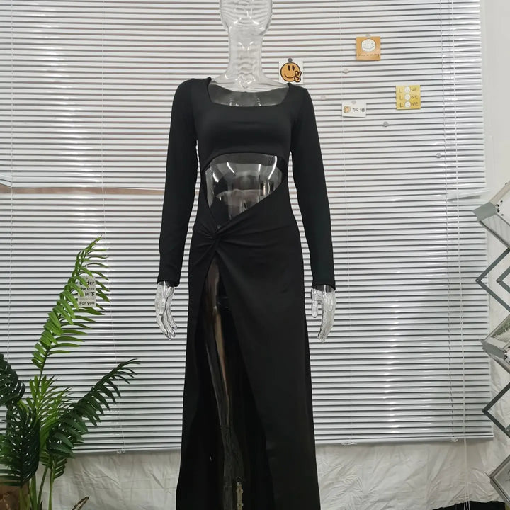 Summer new sexy hollow out long party dress for women with pleated slit and pleated square collar for women's dress