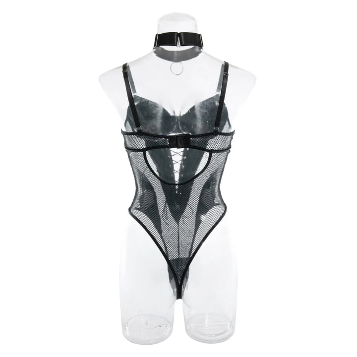 Koltailace  Latex Bodysuit Sexy Lace Up Hollow Tops Black Patchwork Fetish PU Body Sissy Leather Crotchless Tight
