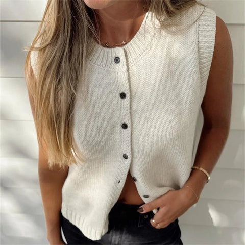 Chic Knitted Vests Top For Women Casual Single-Breasted Knitwear Cardigan Tank Sweater Female Solid Sleeveless 2024 Fashion